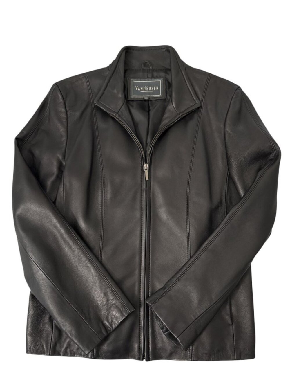 Van Heusen Black Genuine Leather Jacket Women's Size Large Fitted Zip Up Pockets - Picture 2 of 14